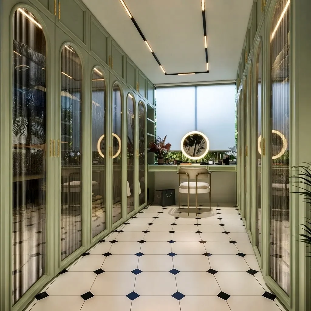 A sage green dressing room with arched reeded glass wardrobe doors wrapping two walls, checkerboard tile floor and a round lit mirror