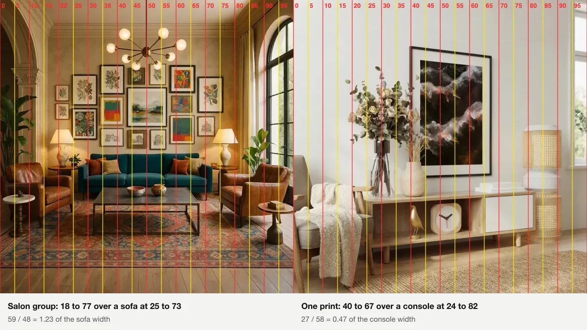 Two renders overlaid with a red and yellow grid of vertical lines every five percent of the image width: a salon gallery wall above a teal sofa that spans wider than the sofa, and a single framed print above an oak console that spans about half of it, with the readings printed underneath