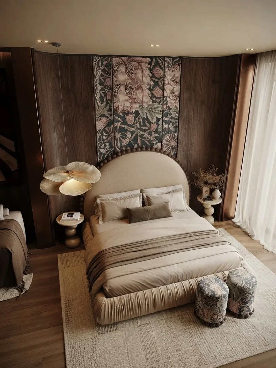 Bedroom seen from above with a walnut panelled wall, an arched cream headboard and a floral tapestry panel hung directly above it, the panel about four fifths of the headboard width