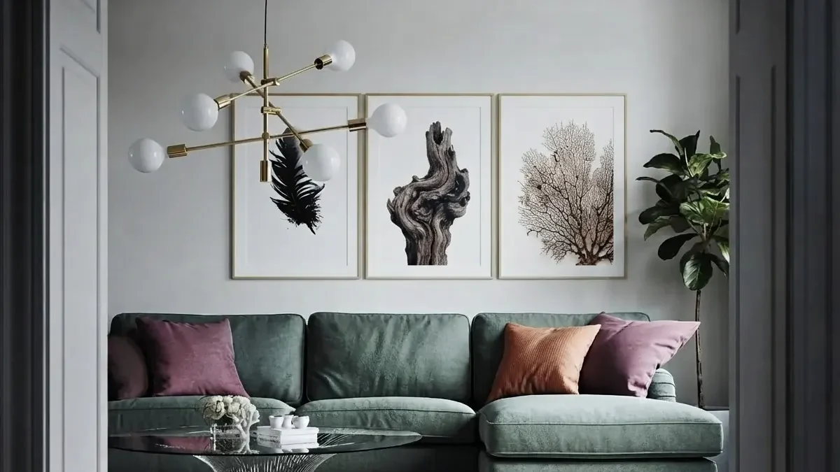 Grey living room with a sage green L-shaped sofa, plum and rust cushions and three framed botanical prints in a row above it, their combined width about two thirds of the sofa