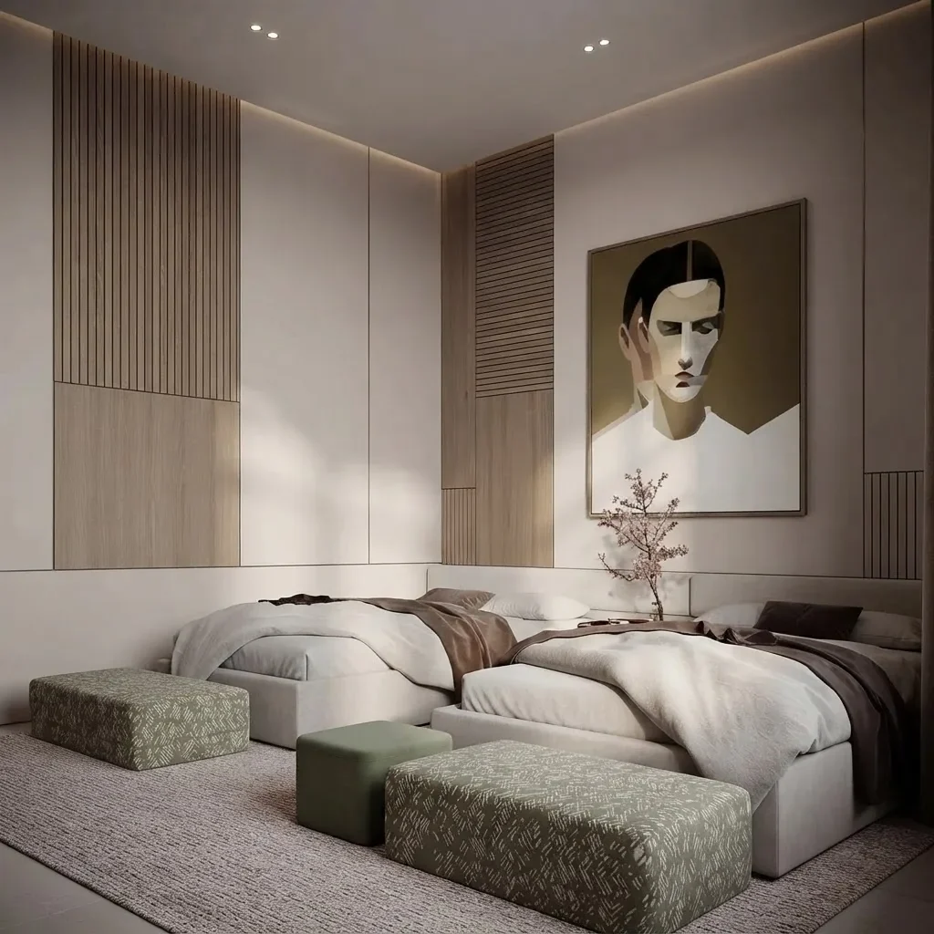 Neutral twin bedroom with oak slat panels and one oversized framed portrait painting hung above the far bed, wider than half the bed