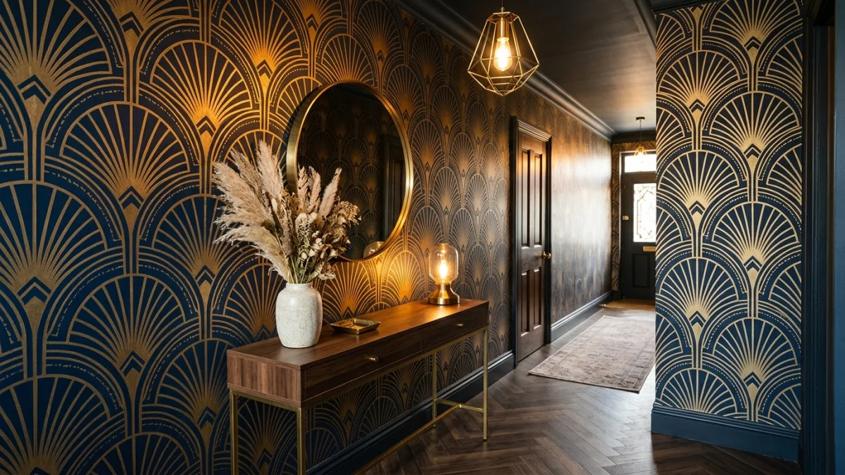 Entryway with bold Art Deco wallpaper featuring metallic gold fan motifs and sunburst arches on deep midnight navy background with brass accents