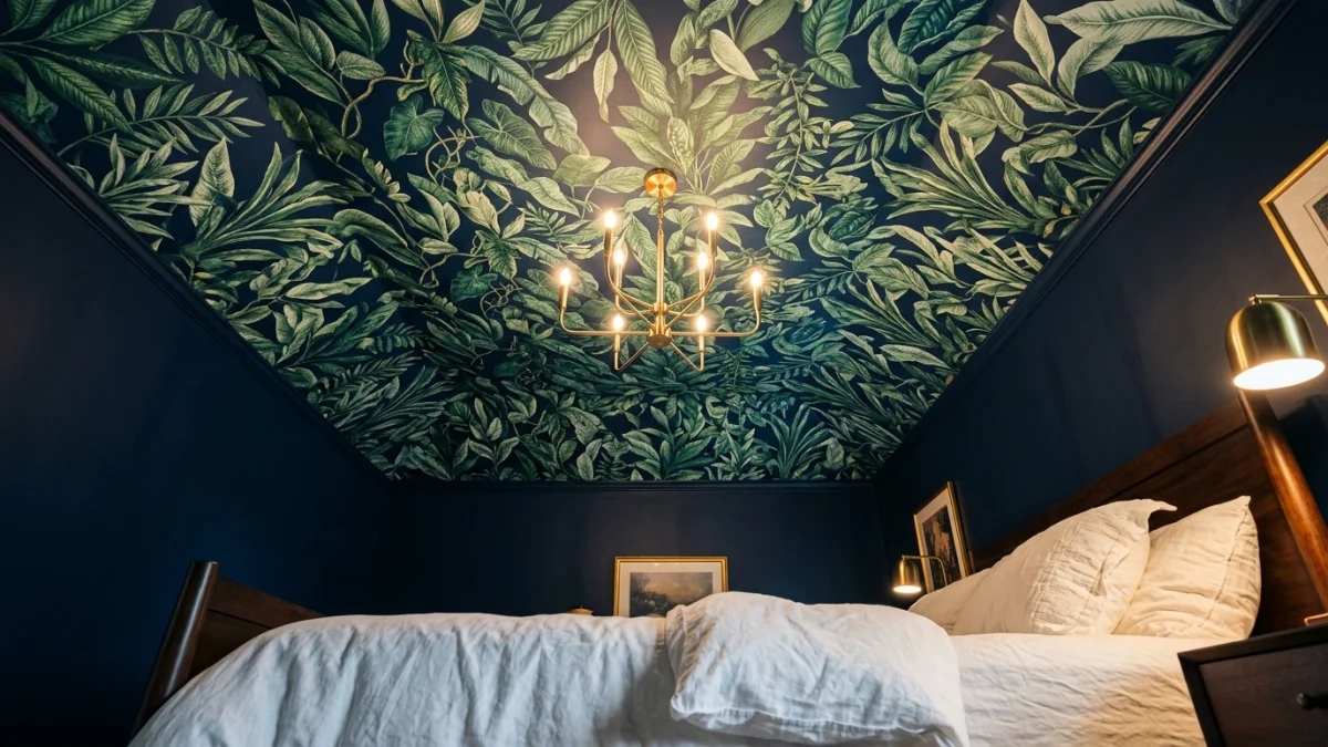 Bedroom with botanical wallpaper on the ceiling showing lush tropical leaves in deep green on midnight blue with brass chandelier