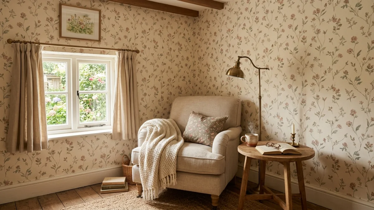 Cozy reading nook with delicate cottage cool wallpaper featuring soft trailing wildflowers in dusty rose, sage green, and warm beige on cream background
