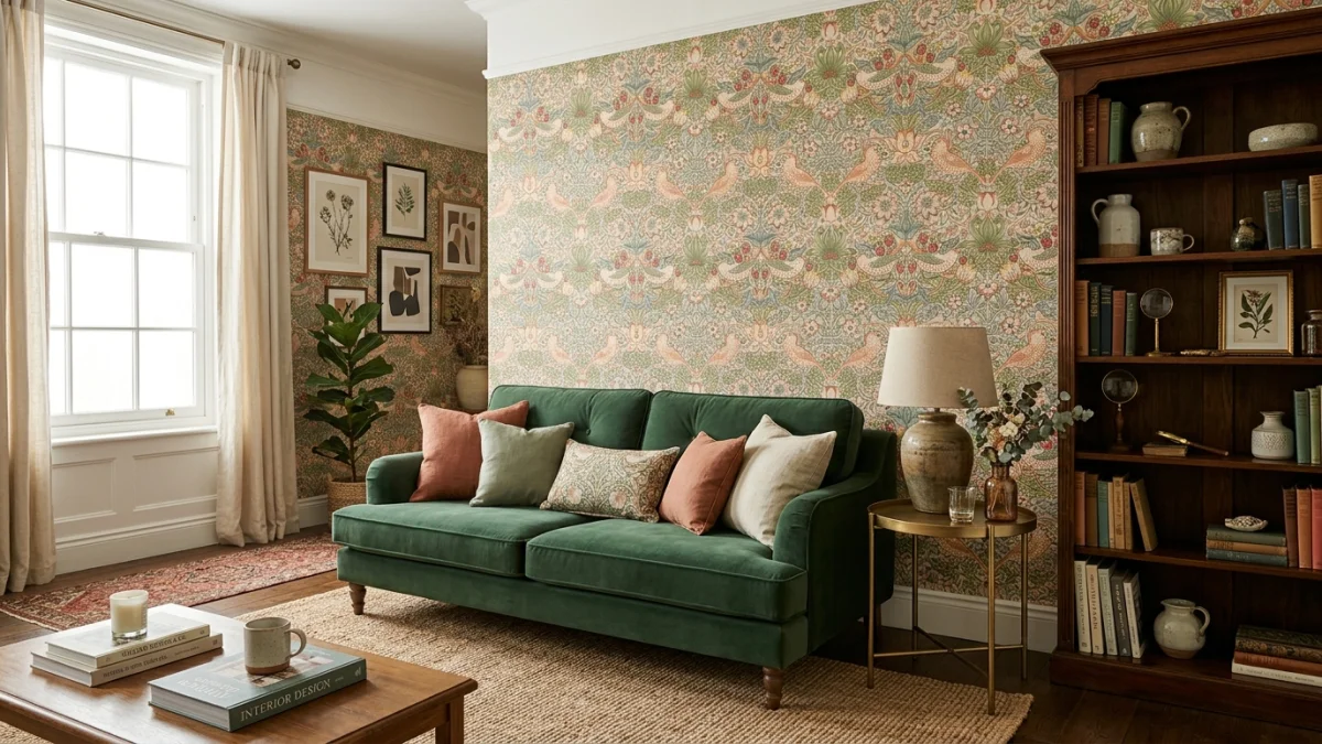 Living room with William Morris inspired botanical wallpaper in modern sage green, blush pink, and terracotta tones on cream background with velvet green sofa