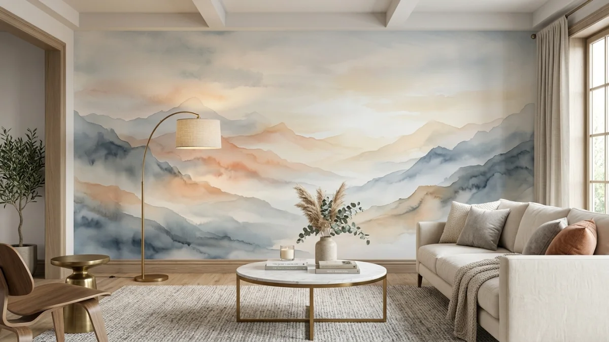 Living room with panoramic landscape mural wallpaper depicting misty mountains at dawn in soft watercolor blues, greys, and warm peach tones