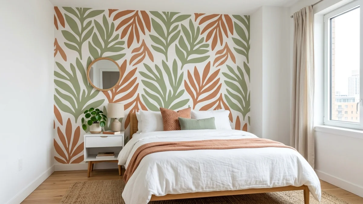 Modern rental apartment bedroom with peel-and-stick botanical accent wall in sage green and terracotta behind bed with white bedding