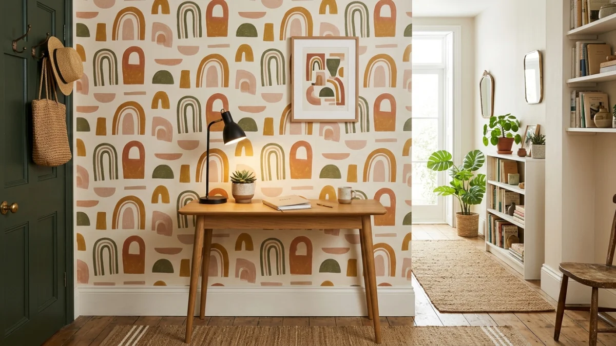 Home office with soft geometric wallpaper featuring organic hand-drawn arches in terracotta, mustard ochre, olive green, and blush on warm off-white background