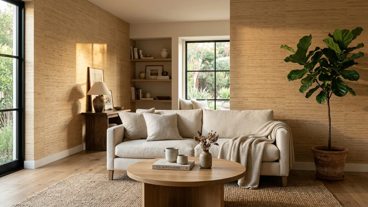 Living room with natural woven grasscloth wallpaper in warm sand tone showing subtle fiber texture catching afternoon light