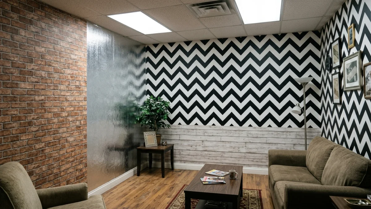 Room with outdated wallpaper styles including faux brick texture, bold chevron pattern, and glossy metallic finish looking dated and cheap