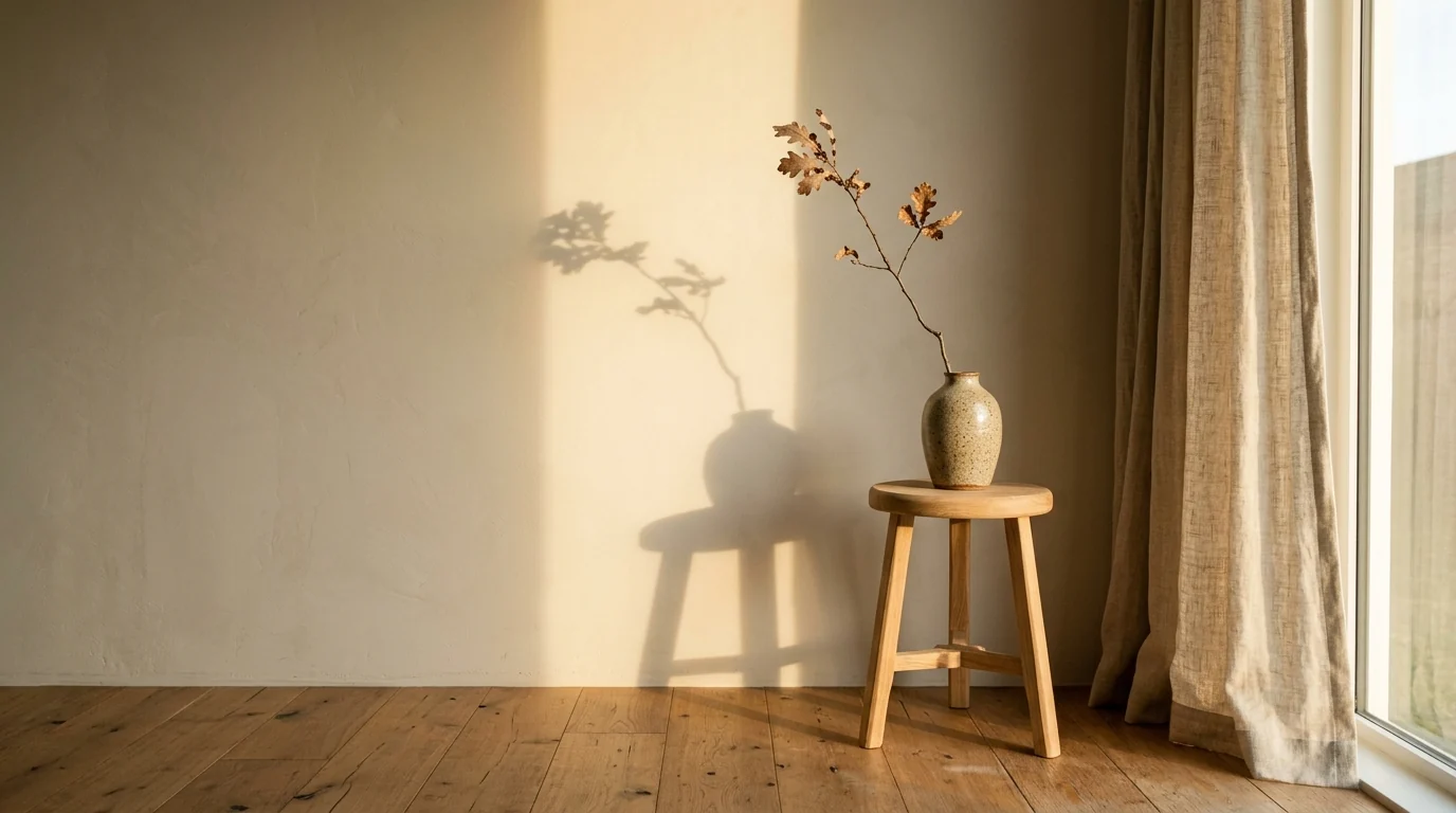 Warm minimalist corner with a greige-cream painted wall glowing in low golden afternoon sun, a light oak stool, a handmade stoneware vase holding a dried branch that casts a long soft shadow across the wall, and warm oak floorboards