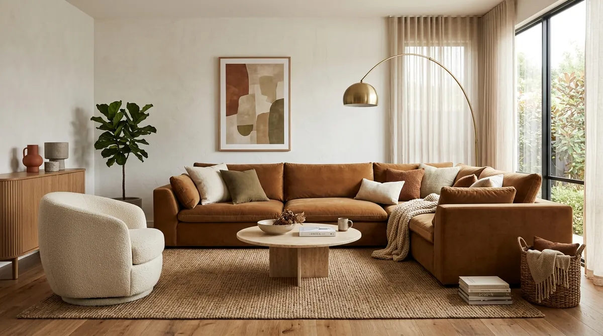 A warm 2026 living room with an oversized deep-seated caramel velvet sectional, bouclé swivel chair, brass arc lamp and espresso-brown tones, the defining Wayfair furniture trends for 2026