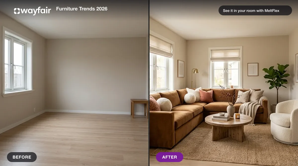 A real room photo on the left and the same room on the right with a specific Wayfair-style sectional placed into it by AI at true scale, seeing a Wayfair product in your own room before buying