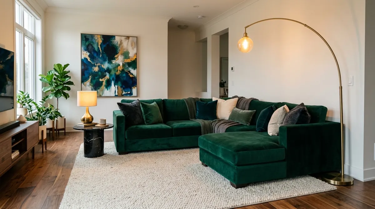 AI-staged living room with a deep emerald performance-velvet sectional, brass arc lamp and warm wood floor, capturing the Wayfair velvet sofa and glam revival trend 2026