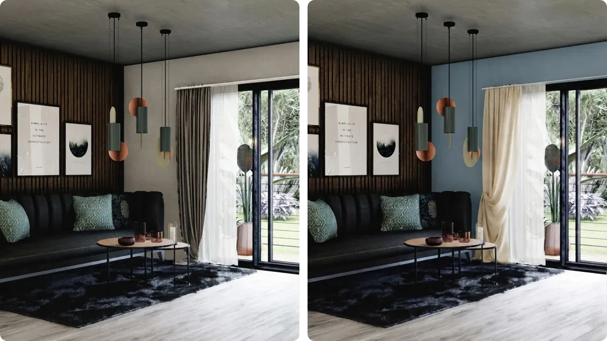 The same living room rendered twice: on the left the original taupe curtain, on the right a dusty blue wall with warm cream linen curtains