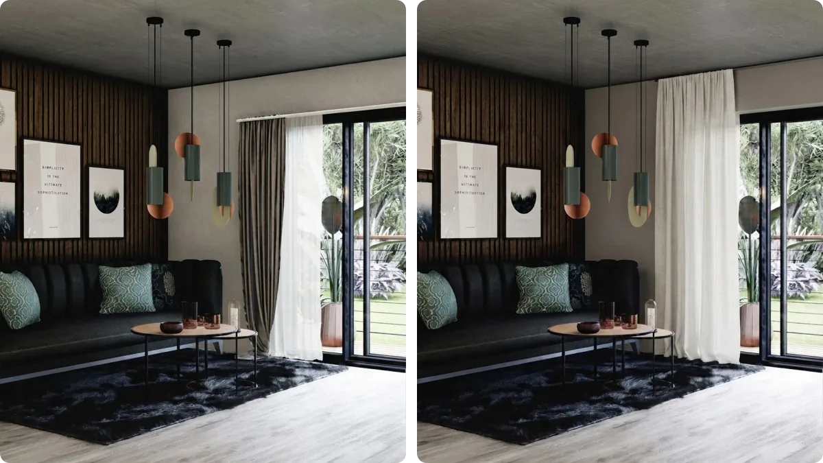 The same living room rendered twice from an identical camera angle: on the left a taupe brown curtain against a warm greige wall, on the right a mid gray wall with an off white linen curtain