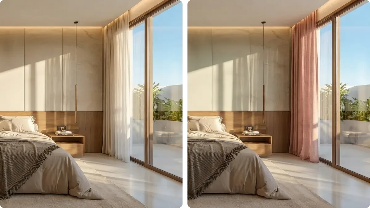 The same bedroom rendered twice: on the left the original neutral curtain, on the right a soft sage green wall with blush pink linen curtains