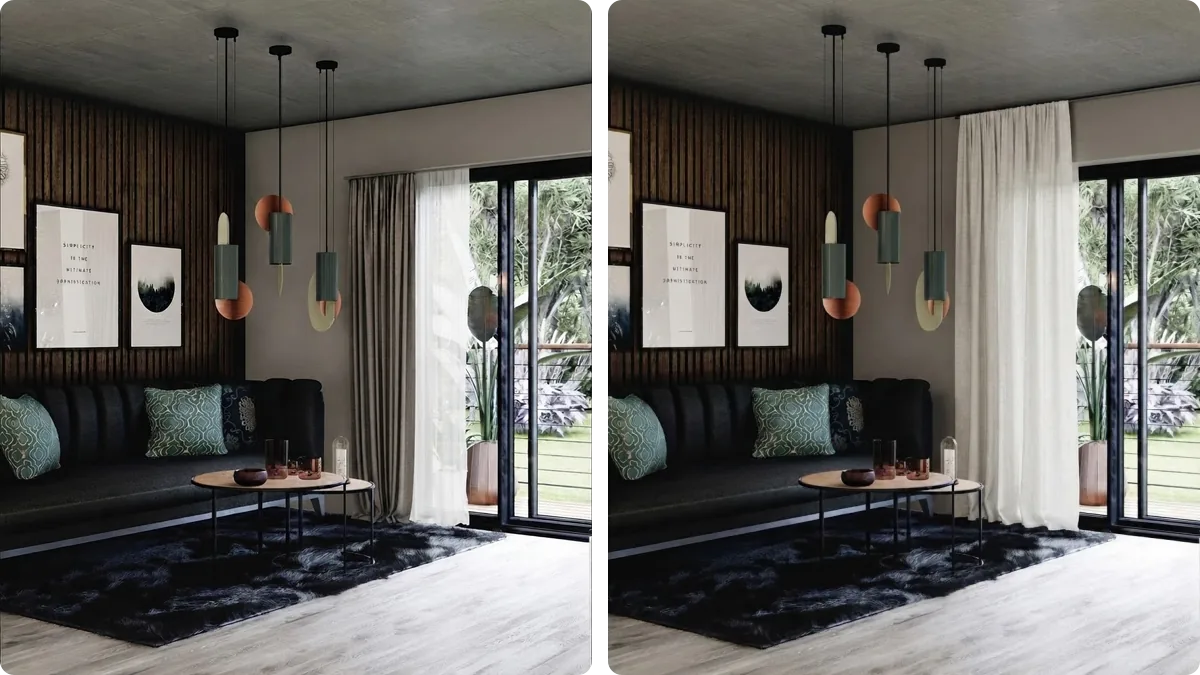 The same living room rendered twice: on the left a curtain painted the exact same mid gray as the wall, nearly disappearing into it, on the right an off white curtain in front of the identical gray wall, clearly framing the window