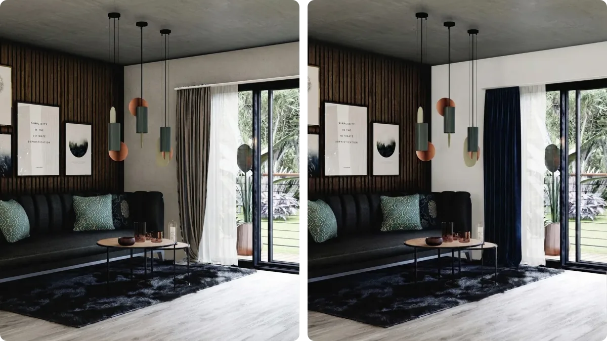 The same living room rendered twice: on the left the original taupe curtain, on the right a soft white wall with deep navy velvet curtains