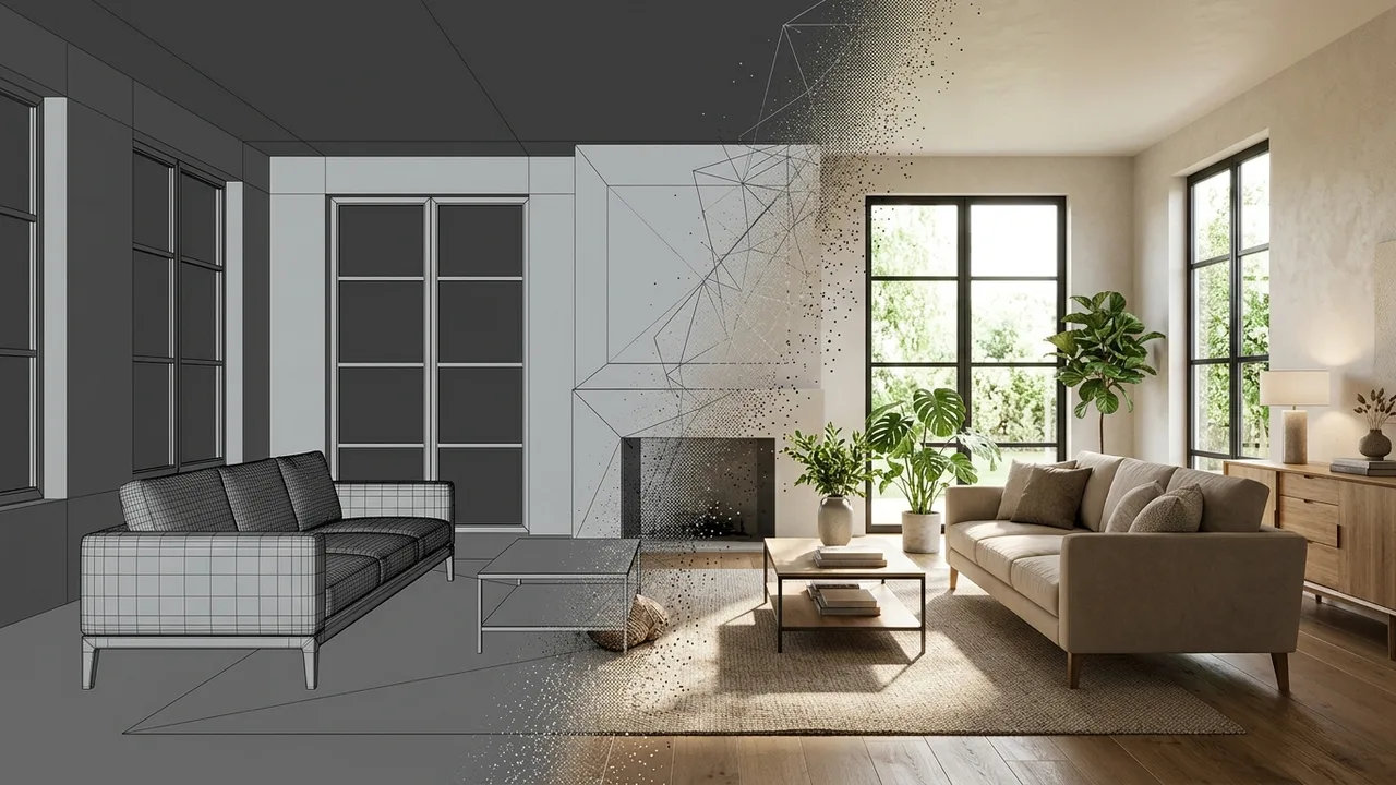 A plain grey 3D wireframe model of an interior transitioning into a fully photorealistic, furnished and warmly lit finished render of the same room