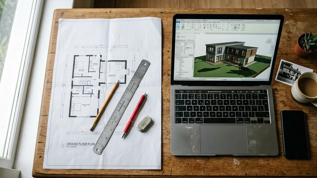 A printed 2D floor-plan blueprint on paper next to a laptop showing the same building as a colour 3D BIM model on a real desk