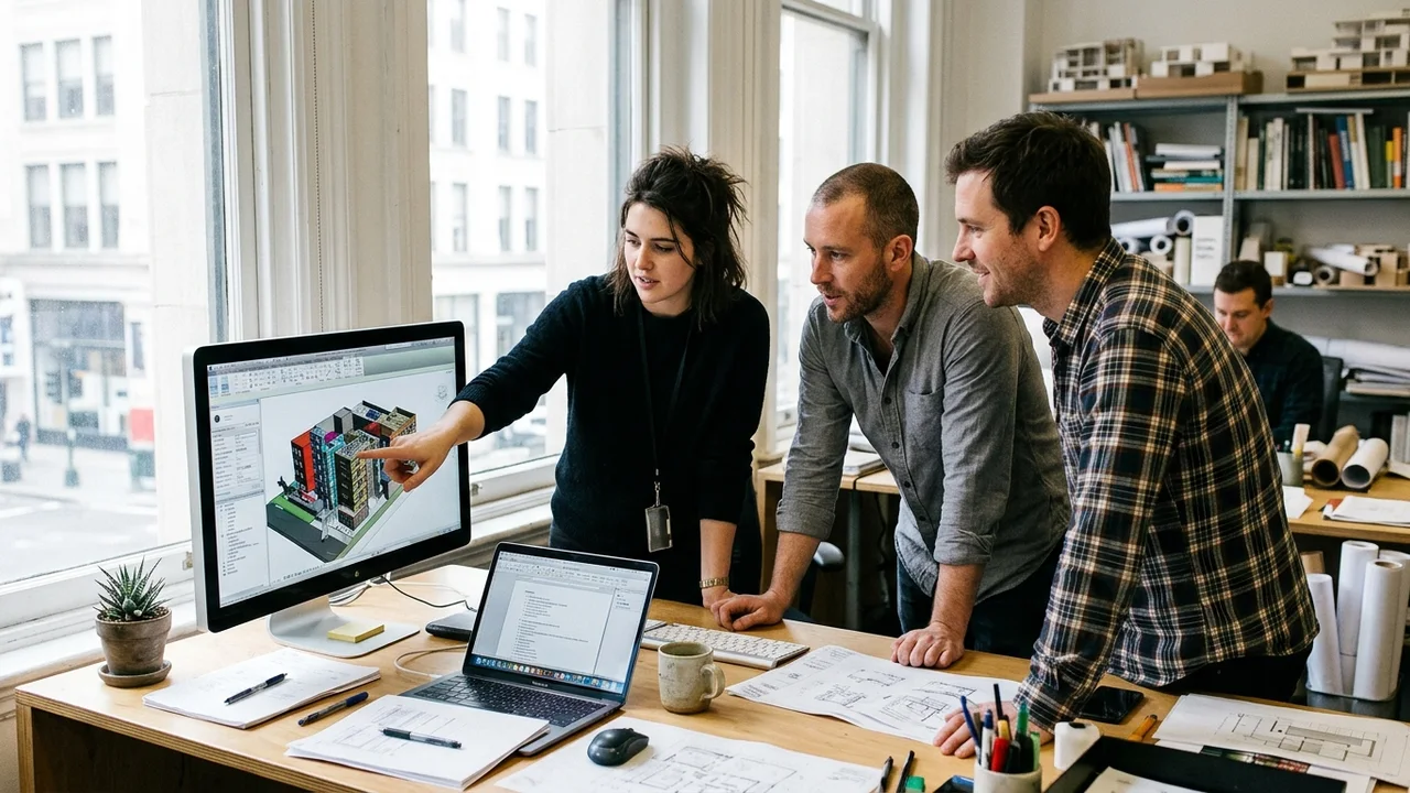 Three architects looking at and discussing a 3D BIM model together on a single monitor in a studio