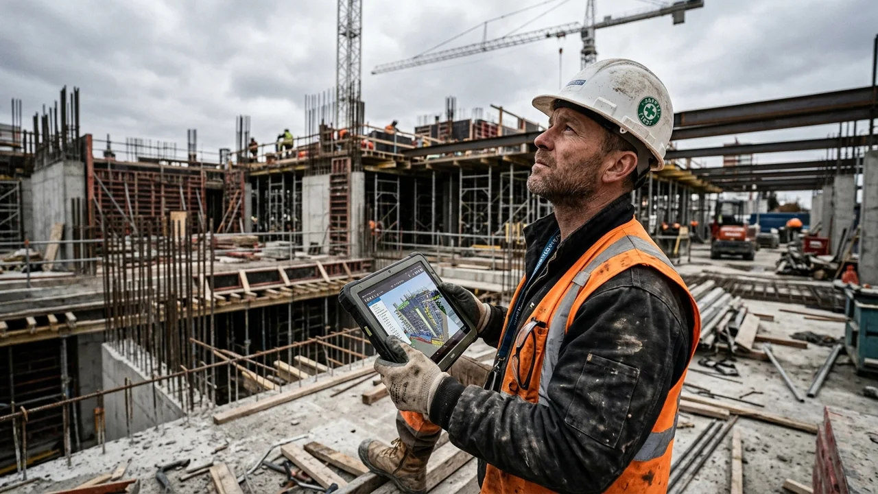 A site engineer in a hi-vis vest and hard hat checking a 3D building model on a rugged tablet on an active construction site