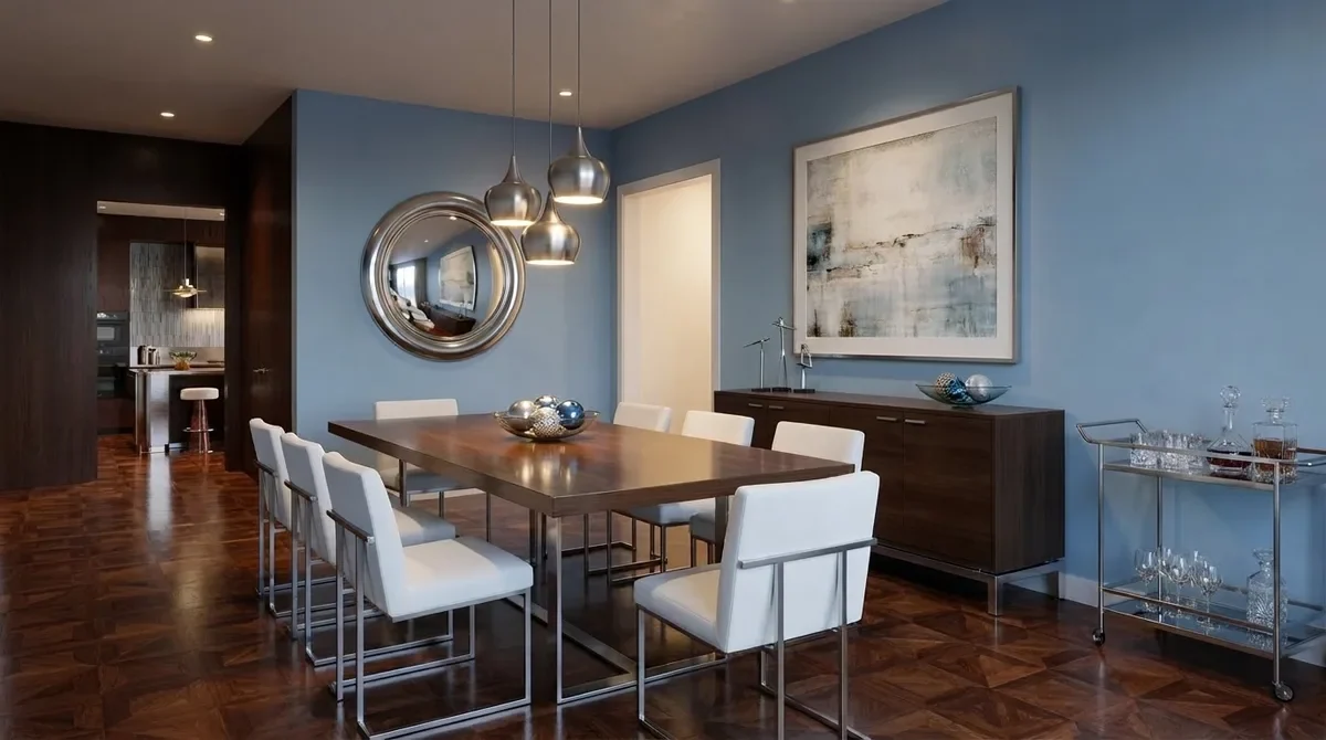 Blue walled dining room with a walnut table and white leather chairs standing directly on a herringbone parquet floor with no rug