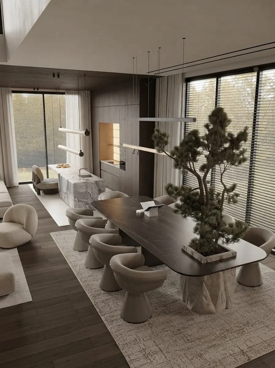 Long dark dining table with sculptural cream chairs standing on a pale rug that runs well past the ends of the table