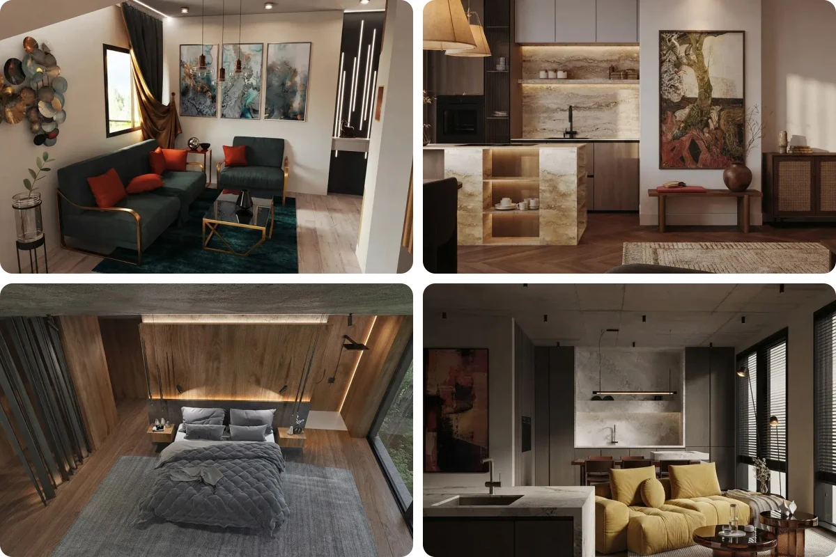 Four AI interior renders in a grid: a teal velvet sofa with red cushions under three abstract artworks, a travertine kitchen island with backlit niches, a bedroom with a timber panelled headboard wall, and an open plan loft with a yellow modular sofa