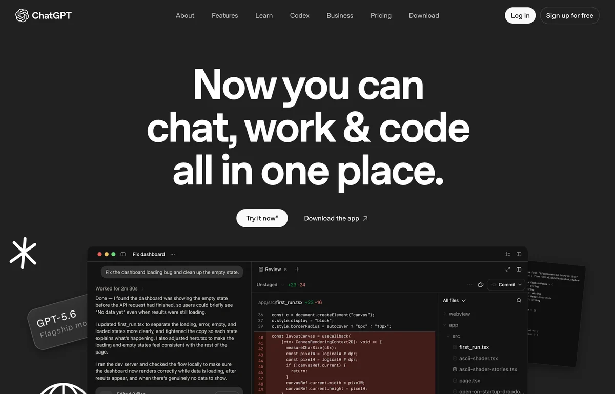 Screenshot of the ChatGPT product page on openai.com with the heading Now you can chat, work and code all in one place, and a GPT-5.6 badge on a dark interface preview