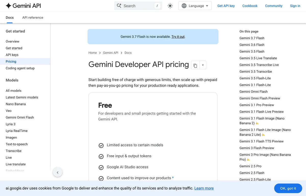 Screenshot of the Gemini Developer API pricing page on ai.google.dev, showing the Free tier card and a sidebar listing the image models including Gemini 3.1 Flash Image Nano Banana 2 and Gemini 3 Pro Image Nano Banana Pro