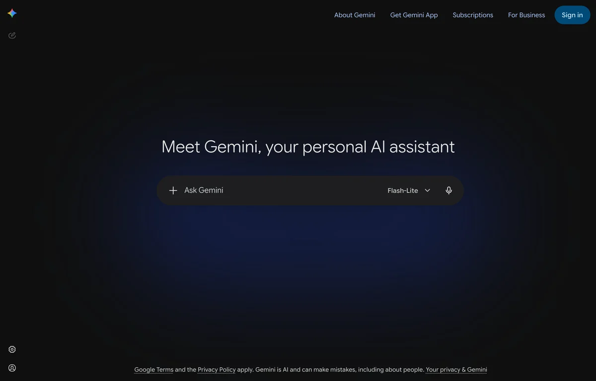 Screenshot of the Gemini web app homepage showing the heading Meet Gemini, your personal AI assistant above an Ask Gemini input box with a Flash-Lite model selector
