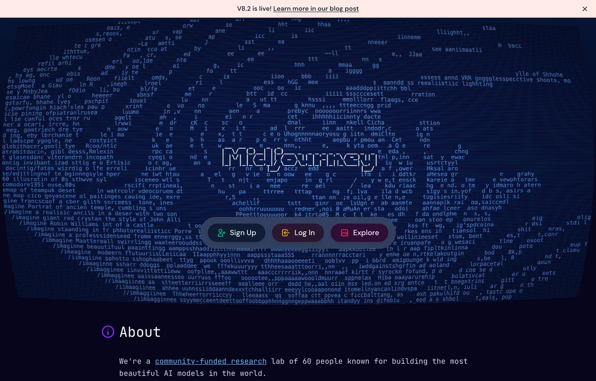 Screenshot of the Midjourney home page showing the Midjourney wordmark over a dark blue field of text, Sign Up, Log In and Explore buttons, and an About section describing a community funded research lab of 60 people