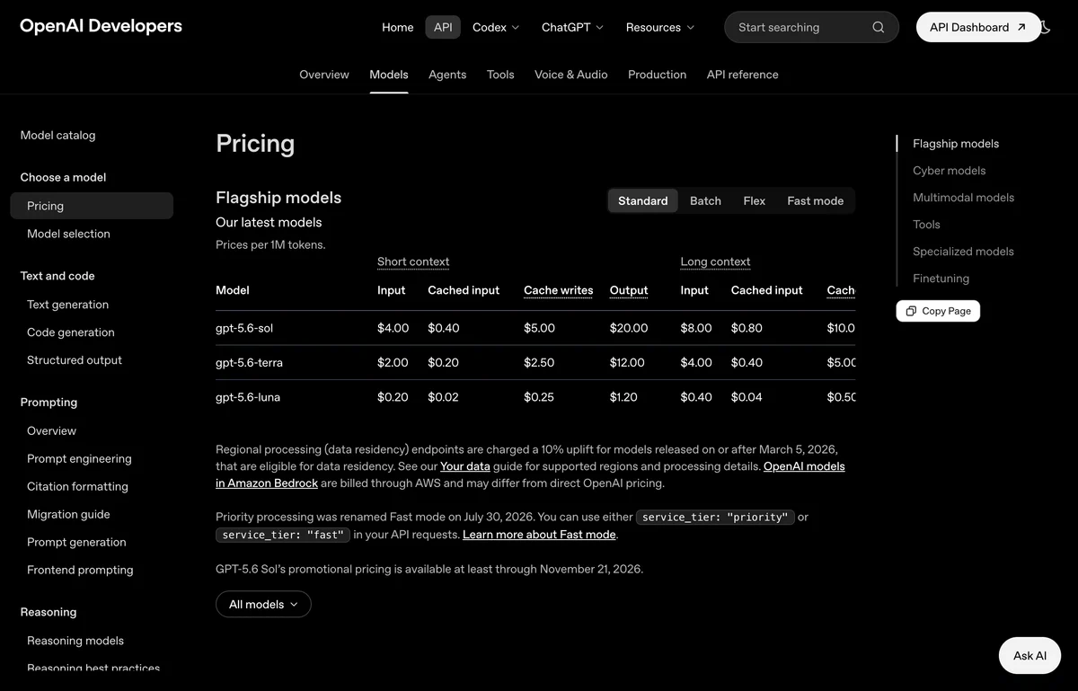 Screenshot of the OpenAI developer API pricing page showing the pricing table with model rows and input, cached input and output columns