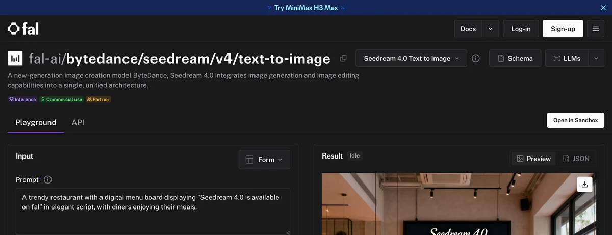 Screenshot of the Seedream 4 text to image model page on fal.ai, showing the model name fal-ai slash bytedance slash seedream slash v4, a prompt box and a generated restaurant interior in the result panel