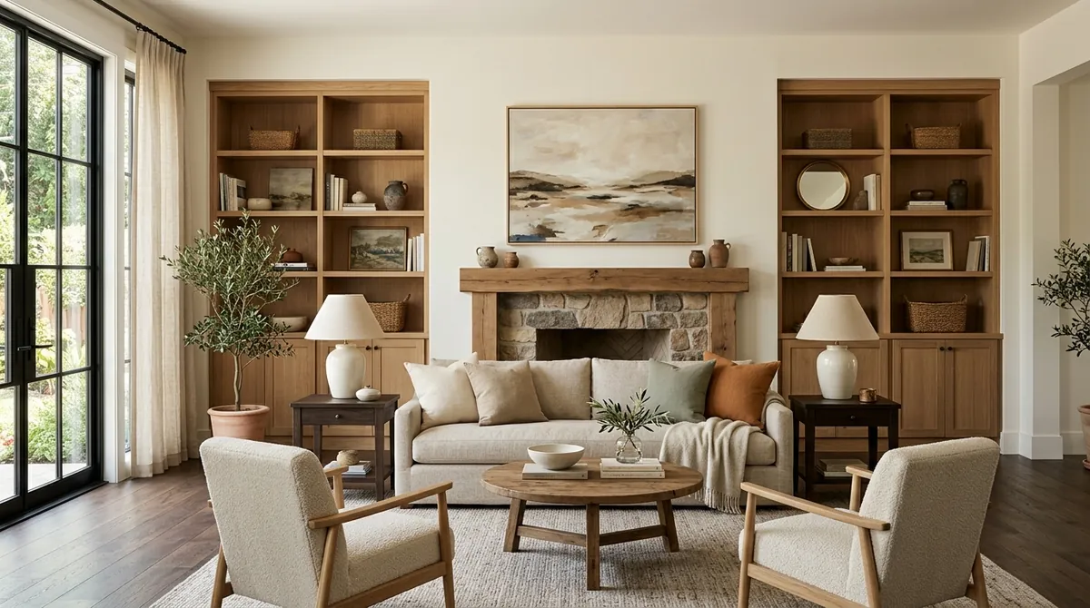 A well-proportioned living room where the scale is right: art hung at eye level and sized to the wall, lamps proportioned to their tables, a sofa scaled to the room, calm and balanced