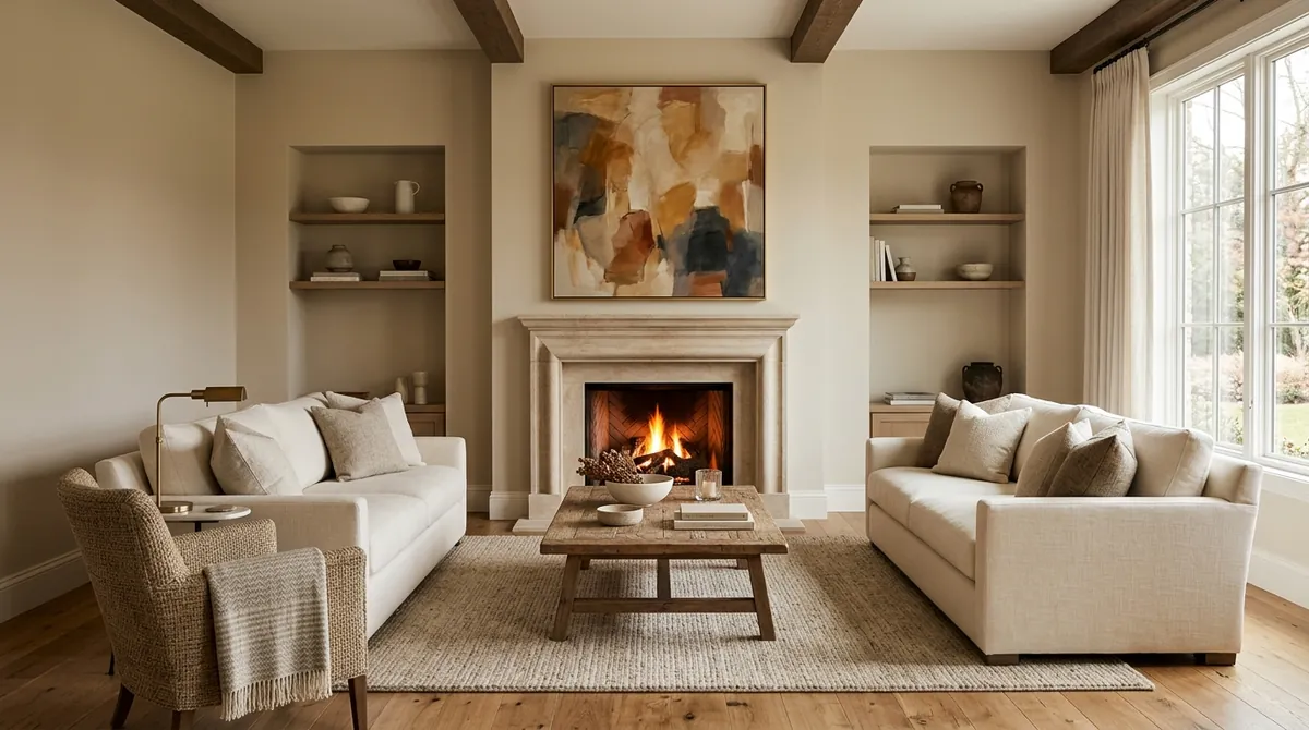 A living room built around one clear focal point: the seating faces a fireplace with a large artwork centred above it, drawing the eye straight to the anchor