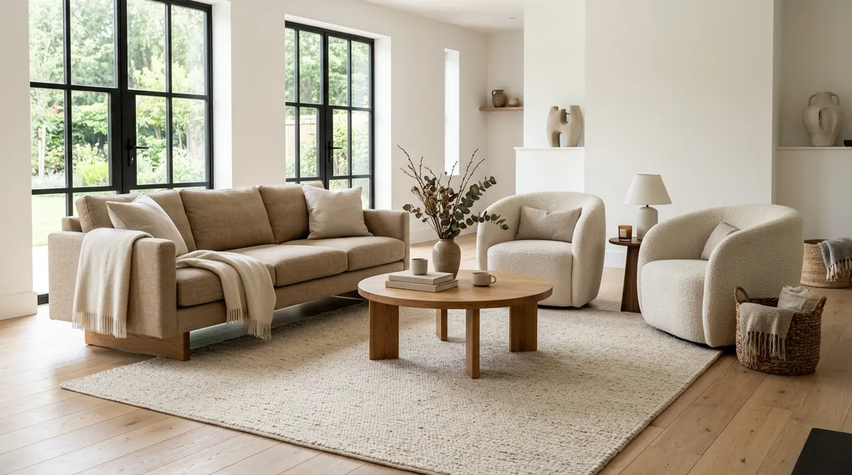 A conversational living room layout floated off the walls: a sofa faces two armchairs across a round coffee table, angled toward each other to form a clear conversation area