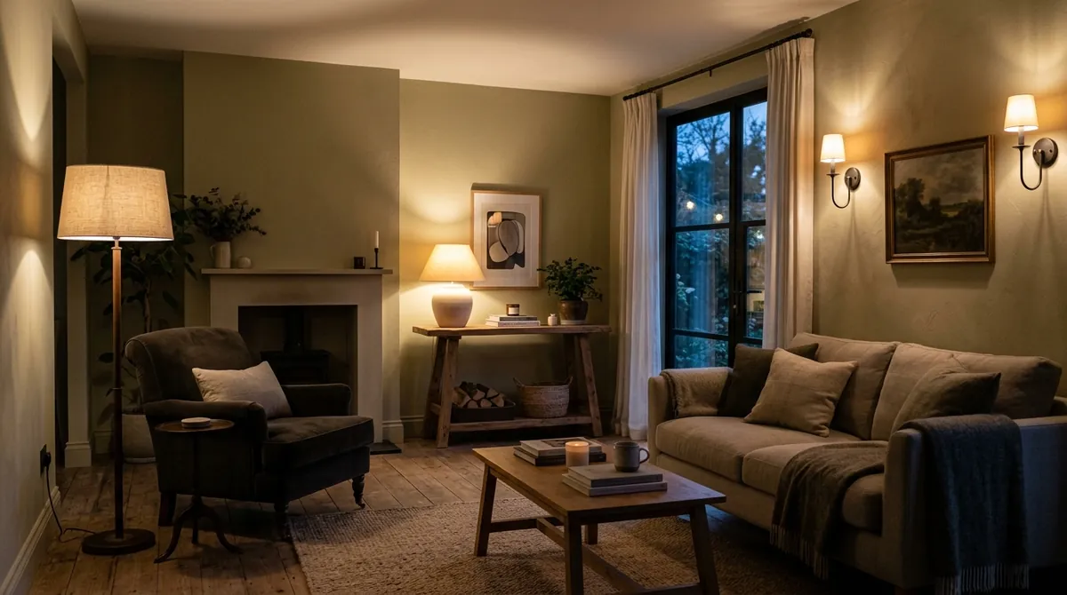 A living room lit by three layers of light in the evening: a warm floor lamp, a table lamp and wall sconces creating soft pools of warm light rather than one harsh overhead fixture