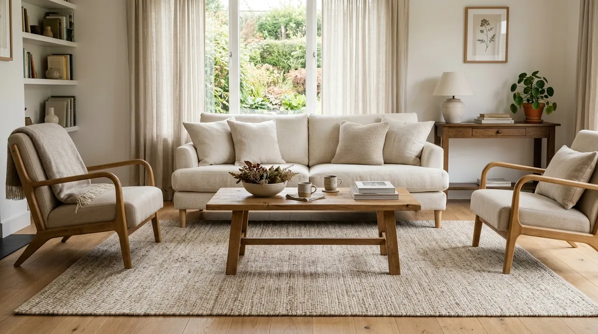 A living room with a correctly sized rug: the front legs of the sofa and armchairs sit on the rug and the coffee table is fully on it, anchoring the seating into one cohesive group
