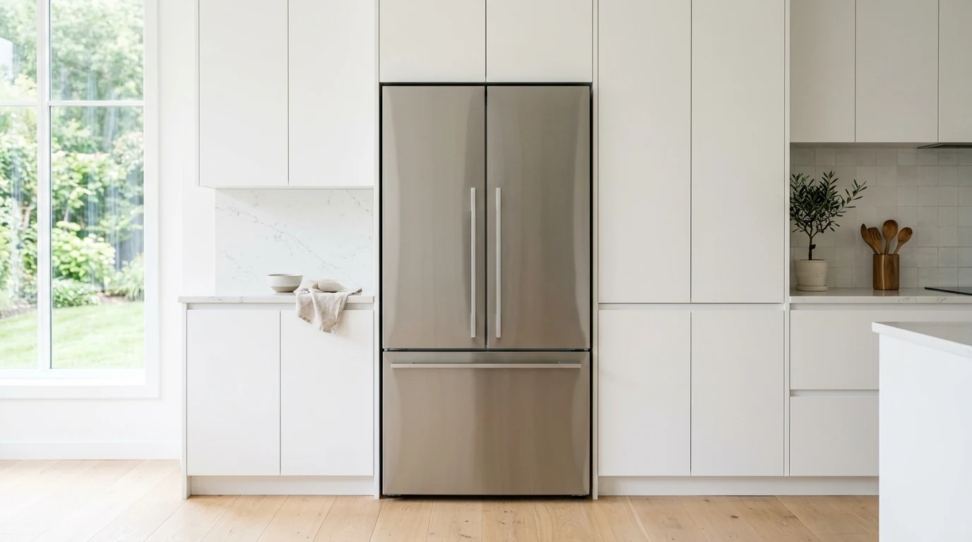 A sleek counter-depth stainless steel refrigerator sitting flush with white cabinetry in a bright minimalist Scandinavian kitchen