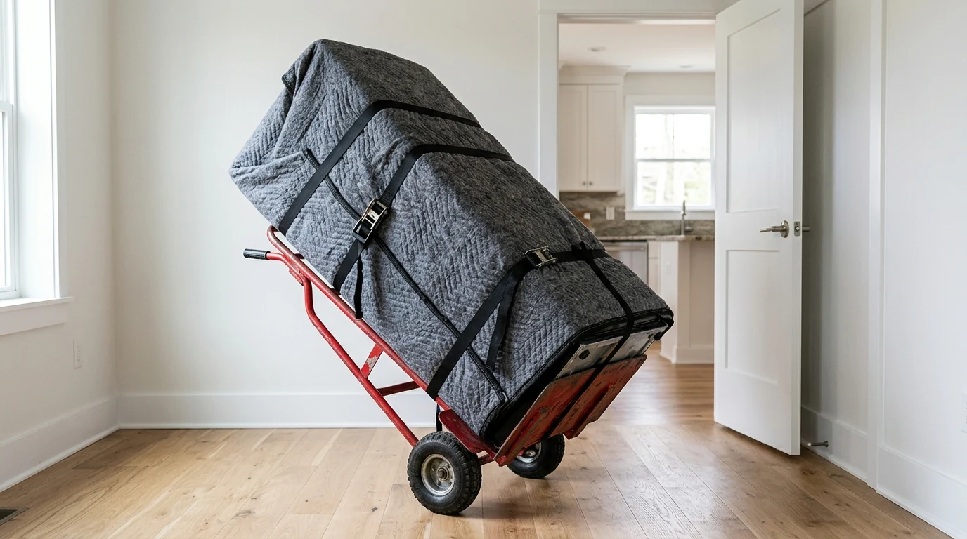 A large refrigerator wrapped in a grey moving blanket and strapped to a red hand dolly, tilted in front of an open doorway leading into a kitchen