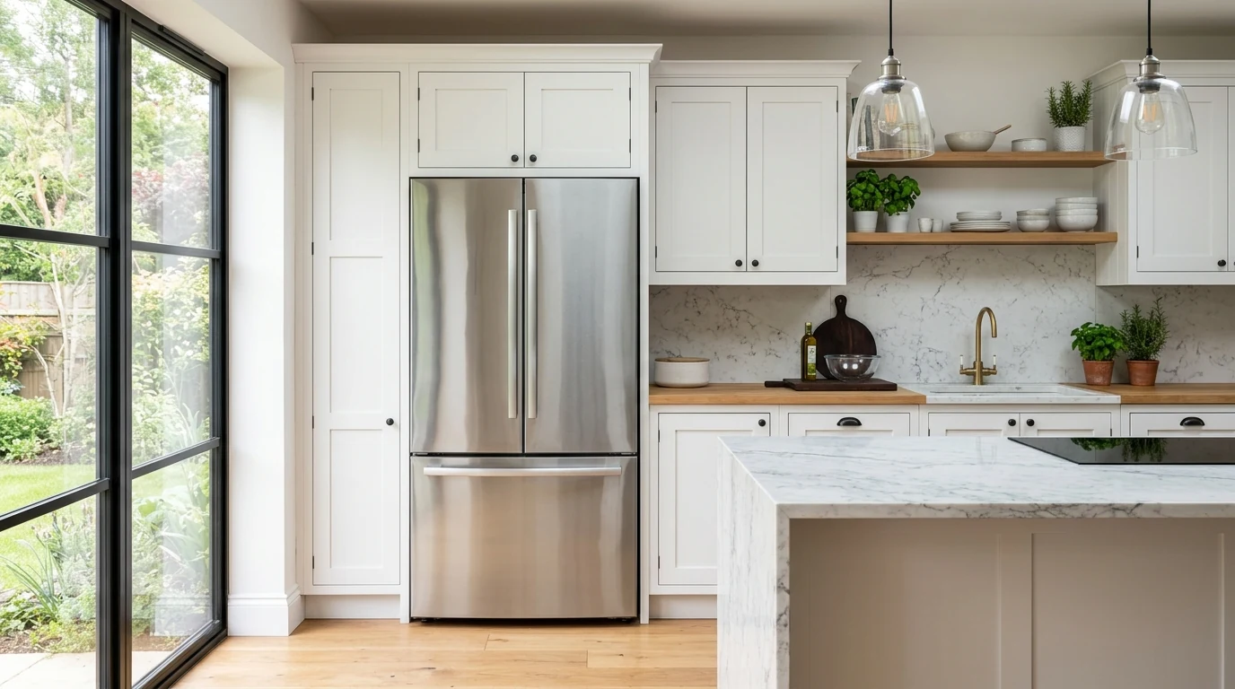 A stainless steel french-door refrigerator built into a bright modern kitchen with white shaker cabinets, a marble backsplash and oak worktops