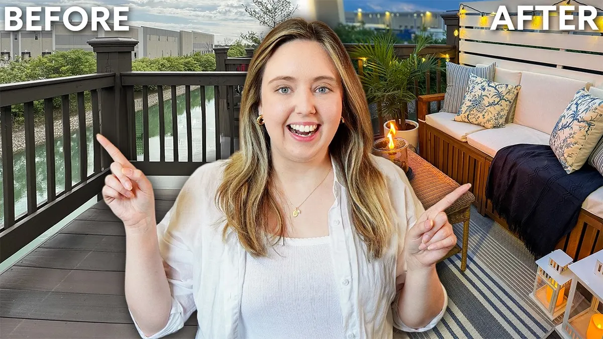 Small rented apartment balcony before and after renter-friendly decorating upgrades