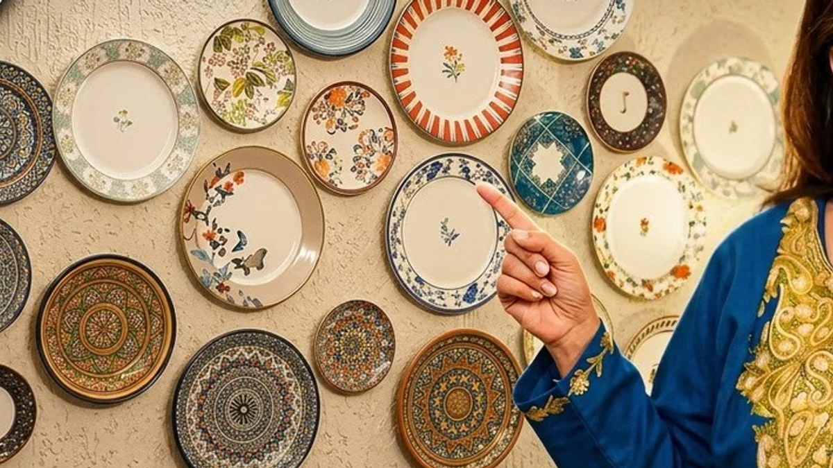 A finished salon-style plate wall of hand-painted plates on a textured cream wall, from Nidhi Gill's dining room makeover video