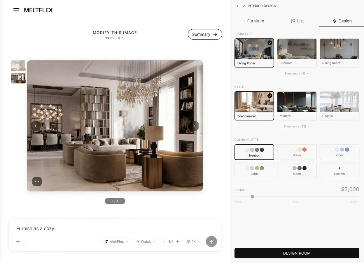 The MeltFlex workspace with a living room render and the design controls
