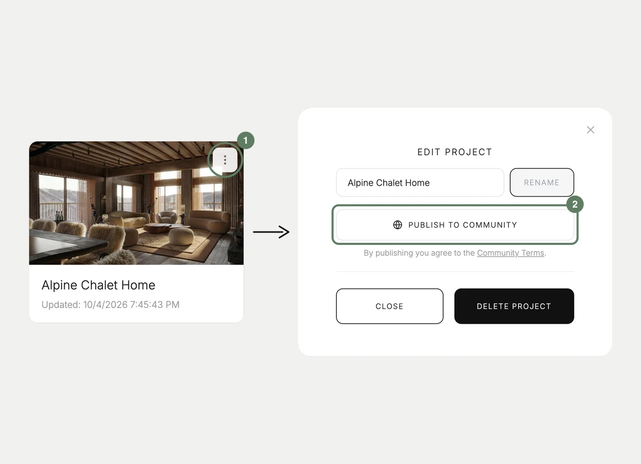 The Projects page with a project's menu open on Publish to community