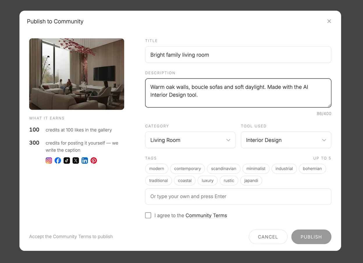 The Publish to Community dialog with a room category picked