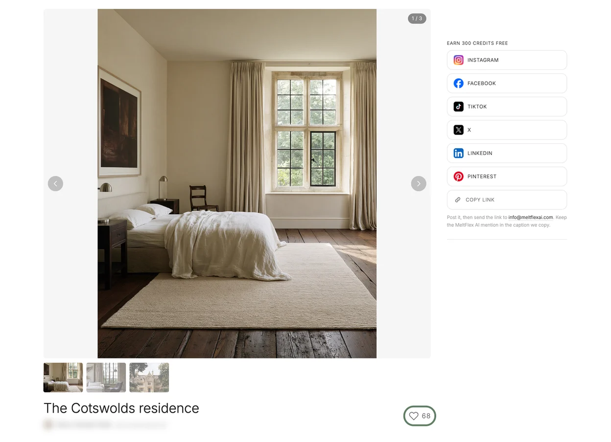 A published project in the community gallery, with all its renders and the like button